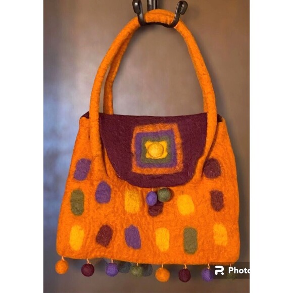 RISING TIDE Felted Wool Bag Pompoms Boho Hippie Handbag Burnt Orange Purple - Picture 1 of 8